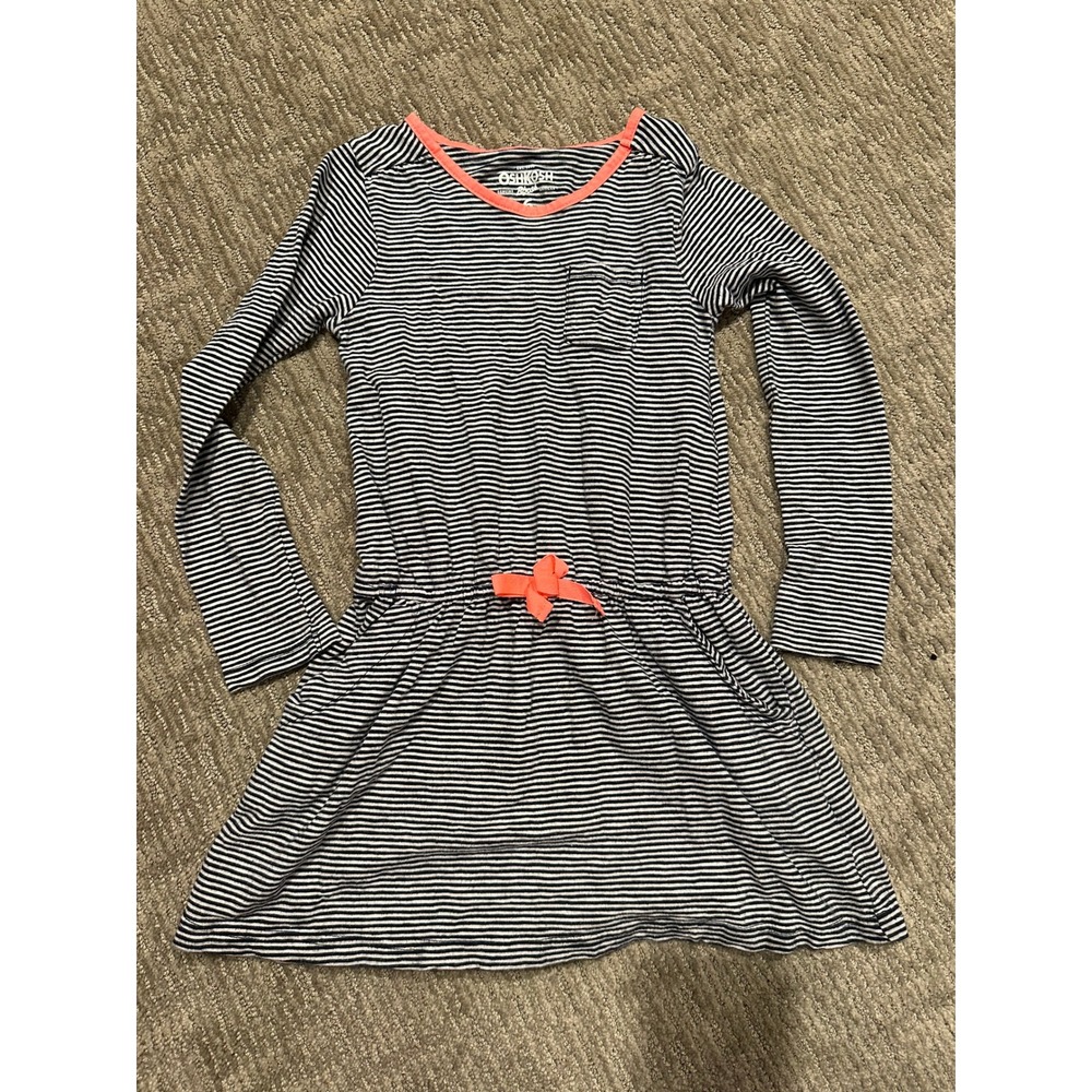 OshKosh B'gosh Girls Navy White Striped Long Sleeve Dress Elastic Waist Size 6